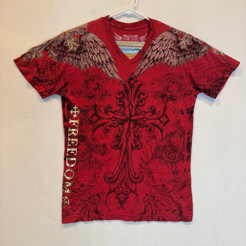 Raw State Premium Mens Red Gothic Cross Angel Wings V-Neck T-Shirt Medium